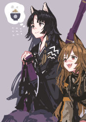 Rule 34 | 2girls, arknights, black hair, black kimono, bowl, breasts, brown coat, brown hair, ceobe (arknights), closed mouth, coat, commentary request, cowboy shot, dog girl, facial mark, fang, fingerless gloves, flat chest, food, forehead mark, gloves, highres, imagining, japanese clothes, kaneni, kimono, kneeling, long hair, medium breasts, multiple girls, nattou, open mouth, own hands together, pants, parted bangs, purple background, purple gloves, purple pants, red eyes, rice bowl, saga (arknights), simple background, sitting, smile, sweatdrop, thought bubble, upper body