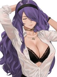 Rule 34 | 1girl, absurdres, black bra, bra, breasts, camilla (fire emblem), choker, cleavage, closed eyes, female focus, fire emblem, frilled bra, frills, hair over one eye, hairband, highres, j@ck, jewelry, large breasts, long hair, necklace, nintendo, purple hair, shirt, solo, underwear, white shirt