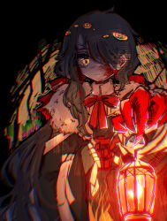 Rule 34 | absurdres, bandage over one eye, big bird (project moon), birdcage, black coat, black dress, black hair, blood, blood on face, bow, bowtie, cage, claws, closed mouth, coat, collared shirt, dress, highres, lantern, library of ruina, long hair, looking at viewer, makihako bunko, project moon, red bow, red bowtie, shirt, sidelocks, smile, very long hair, white shirt, yellow eyes