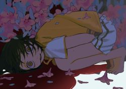 Rule 34 | 1girl, barefoot, bent over, black hair, blood, blood from mouth, end80236189, feet, female focus, from side, highres, looking at viewer, mole, mole under eye, open mouth, original, petals, petals on liquid, pool of blood, shirt, short shorts, shorts, solo, tiptoes, toes, turning head, white shorts, wide-eyed, yellow shirt
