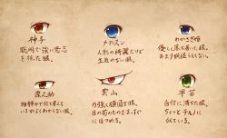 Rule 34 | arinu, blue eyes, brown eyes, eye focus, green eyes, kochiya sanae, medicine melancholy, morichika rinnosuke, no humans, red eyes, touhou, toyosatomimi no miko, translation request, unzan, wakasagihime, yellow eyes