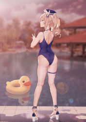 Rule 34 | 1girl, absurdres, ass, barbara (genshin impact), barbara (summertime sparkle) (genshin impact), blonde hair, blue choker, blue eyes, blue headwear, blue nails, blue one-piece swimsuit, blurry, blurry background, choker, duck innertube, from behind, full body, genshin impact, hair ribbon, heiza, high heels, highres, innertube, kneepits, long hair, looking to the side, nail polish, one-piece swimsuit, outdoors, pool, profile, ribbon, school swimsuit, solo, swim ring, swimsuit, thigh strap, thighs, twintails, water, white ribbon