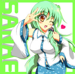 Rule 34 | 1girl, bad id, bad pixiv id, blush, character name, detached sleeves, female focus, frog, green hair, hair ornament, hand on own hip, heart, hip focus, kochiya sanae, long hair, one eye closed, open mouth, ribbon, sayossa (pak-front), snake, solo, touhou, v, wink, yellow eyes