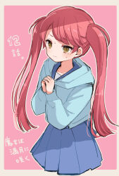 Rule 34 | 1girl, blue dress, blue jacket, border, collarbone, dress, hara yui, jacket, long hair, looking to the side, majo wa mangetsu ni saku, no nose, own hands together, pink background, red hair, solo, sweat, twintails, white border, yellow eyes