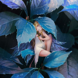 Rule 34 | 1girl, arm up, bare arms, bare shoulders, blue eyes, blue wings, brown hair, commentary request, day, dress, fairy, fairy wings, flower, holding, holding flower, knee up, leaf, long hair, looking at viewer, mini person, minigirl, original, outdoors, parted lips, pink flower, rain, rousteinire, sitting, sleeveless, sleeveless dress, solo, transparent wings, very long hair, white dress, wings