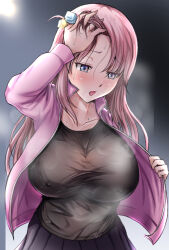 Rule 34 | 1girl, backlighting, black shirt, blue eyes, blush, bocchi the rock!, breasts, check commentary, collarbone, commentary, commentary request, covered erect nipples, cube hair ornament, dark background, gotoh hitori, gradient background, hair ornament, hand in own hair, jacket, large breasts, long bangs, long hair, long sleeves, looking down, open clothes, open jacket, open mouth, pink hair, pink jacket, shirt, side ahoge, simple background, skirt, solo, steam, steaming body, sweat, sweaty clothes, track jacket, upper body, very sweaty, yahow