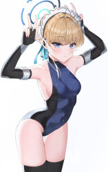 Rule 34 | 1girl, absurdres, arched back, bare shoulders, black gloves, black thighhighs, blonde hair, blue archive, blue eyes, blue leotard, blue ribbon, breasts, covered navel, double v, earpiece, elbow gloves, fingerless gloves, gloves, hair bun, hair intakes, hair ribbon, halo, halter leotard, halterneck, highres, k.j., leotard, looking at viewer, maid headdress, medium breasts, ribbon, short hair, sideboob, simple background, solo, thighhighs, toki (blue archive), two-tone leotard, v, white background