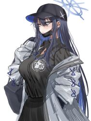 Rule 34 | 1girl, absurdres, alternate costume, baseball cap, black gloves, black hair, black shirt, black skirt, blue archive, blue hair, blue halo, blush, colored inner hair, ear piercing, gloves, grey eyes, halo, hand in pocket, hat, highres, jacket, long hair, long sleeves, looking at viewer, mask, mouth mask, multicolored hair, nompang, piercing, saori (blue archive), shirt, shirt tucked in, simple background, skirt, solo, white background