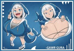 Rule 34 | 1girl, alternate breast size, blue eyes, breasts, clothes, female focus, gawr gura, grabbing, grabbing another&#039;s breast, grabbing own breast, happy, highres, hololive, hololive english, hood, hood up, hoodie, huge breasts, looking at viewer, open mouth, smile, solo, v, virtual youtuber