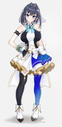 Rule 34 | 1girl, absurdres, armband, asymmetrical legwear, bare shoulders, black dress, black hair, black thighhighs, blue eyes, blue ribbon, blue thighhighs, boots, bow, bowtie, breasts, dress, fold-over boots, full body, gloves, hair intakes, hand on own hip, highres, hololive, hololive english, hololive idol uniform, large breasts, magui3, mismatched legwear, navel, ouro kronii, ribbon, short hair, simple background, skirt, solo, tachi-e, thighhighs, two-tone dress, virtual youtuber, white background, white dress, white gloves, white ribbon, white skirt