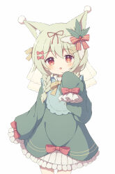 Rule 34 | 1girl, :o, animal ear fluff, animal ears, blush, bow, braid, cat ears, cat girl, commission, cowboy shot, dot nose, frilled skirt, frills, green hair, green shirt, hair bow, hair ribbon, highres, legs together, long bangs, long hair, long sleeves, looking at viewer, miniskirt, open mouth, original, pleated skirt, raised eyebrows, red bow, red eyes, ribbon, shirt, sidelocks, simple background, skeb commission, skirt, sleeves past fingers, sleeves past wrists, solo, star-shaped pupils, star (symbol), symbol-shaped pupils, thigh gap, twin braids, tyakomes, white background, white skirt, white veil