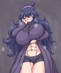 Rule 34 | 1girl, @ @, abs, ahoge, alternate breast size, black shorts, blush, breasts, breath, clothes lift, commentary, cowboy shot, creatures (company), dress, dress lift, english commentary, game freak, grey background, grin, hairband, hand on own cheek, hand on own face, hex maniac (pokemon), highres, huge breasts, lifted by self, long dress, long hair, long sleeves, looking at viewer, matching hair/eyes, messy hair, muscular, muscular female, navel, nintendo, pokemon, pokemon xy, purple dress, purple eyes, purple hair, purple hairband, sheepapp, shorts, shorts under dress, smile, solo, sweat, very long hair