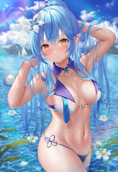 Rule 34 | 1girl, absurdres, ahoge, armpits, arms up, bikini, blue bikini, blue hair, blue sky, blurry, blurry background, blush, boat, breasts, commentary request, daifuku (yukihana lamy), day, detached collar, ebihurai, flower, hair flower, hair ornament, heart, heart ahoge, highres, hololive, innertube, large breasts, long hair, navel, outdoors, parted lips, petals, petals on liquid, pointy ears, ponytail, raised eyebrows, sky, solo focus, stomach, sunlight, swim ring, swimsuit, virtual youtuber, water, watercraft, wet, wet hair, white flower, yellow eyes, yukihana lamy