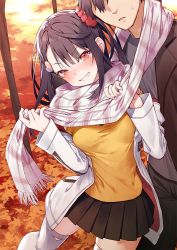 Rule 34 | 1boy, 1girl, autumn, autumn leaves, black hair, black skirt, brother and sister, clenched teeth, commentary request, faceless, faceless male, hair ornament, hair scrunchie, head tilt, jacket, leaf, looking at viewer, medium hair, munakata hinano, munakata isaomi, open clothes, open jacket, original, outdoors, plaid, plaid scarf, pleated skirt, red eyes, red scrunchie, scarf, scrunchie, shared clothes, shared scarf, siblings, skindentation, skirt, smile, teeth, tokuno yuika, white jacket