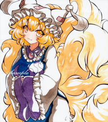 Rule 34 | :3, animal hat, bad id, bad pixiv id, blonde hair, dress, fang, fox tail, frills, hands in opposite sleeves, hat, kitsune, long sleeves, looking at viewer, mob cap, multiple tails, painting (medium), mob cap, qqqrinkappp, solo, tabard, tail, tassel, touhou, traditional media, watercolor (medium), white dress, wide sleeves, yakumo ran, yellow eyes