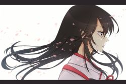 Rule 34 | 10s, 1girl, akagi (kancolle), blush, brown eyes, brown hair, cherry blossoms, japanese clothes, kantai collection, letterboxed, long hair, muneate, nachi (herousa), nazi (1446480), personification, petals, smile, solo