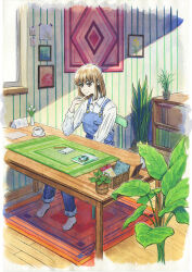 Rule 34 | 1girl, blue overalls, book, bookshelf, border, brown eyes, brown hair, chair, cup, drawing (object), finger to own chin, highres, no shoes, notebook, on chair, original, overalls, painting (object), pencil, plant, potted plant, sawitou mizuki, shirt, short hair, sitting, smile, socks, solo, suspenders, table, traditional media, white border, white socks, wooden table