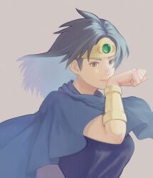 Rule 34 | 1girl, arm guards, b-saku, blue cloak, breasts, brown eyes, cloak, closed mouth, dragon quest, dragon quest dai no daibouken, eimi (dai no daibouken), floating hair, forehead protector, gem, green gemstone, grey background, grey hair, hand up, large breasts, long hair, looking ahead, medium hair, parted bangs, simple background, smile, solo, wind, wiping face