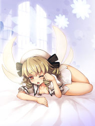 Rule 34 | 1girl, ;o, arm support, bare legs, bed sheet, black ribbon, blonde hair, breasts, chima q, drill hair, fairy wings, full body, hat, hat ribbon, highres, indoors, luna child, lying, no pants, one eye closed, open clothes, open shirt, red eyes, ribbon, shirt, short sleeves, small breasts, solo, touhou, white hat, white shirt, window, wings