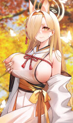 Rule 34 | 1girl, absurdres, animal ears, areola slip, blonde hair, blue archive, blurry, blurry background, blush, breasts, bug, butterfly, closed mouth, commentary request, detached sleeves, hair over one eye, halo, highres, insect, japanese clothes, kaho (blue archive), kimono, large breasts, long hair, looking at viewer, mcic0, mole, mole under mouth, obi, partial commentary, sash, smile, solo, thick eyebrows, white kimono, white sleeves, yellow eyes