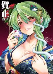 Rule 34 | 1girl, 2018, alcohol, alternate costume, blue kimono, blush, breasts, cleavage, collarbone, commentary request, cup, dated, flower, frog hair ornament, gling, glint, green hair, hair between eyes, hair flower, hair ornament, hand up, highres, holding, japanese clothes, jewelry, kimono, kochiya sanae, large breasts, lips, long hair, looking at viewer, nail art, nail polish, new year, nose blush, red background, red flower, red nails, ring, sake, smile, snake hair ornament, solo, takana shinno, touhou, upper body, wedding band, wide sleeves, yellow eyes