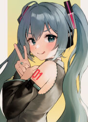 Rule 34 | 1girl, :q, absurdres, aqua eyes, aqua hair, aqua nails, bad id, bad pixiv id, border, character name, closed mouth, detached sleeves, hatsune miku, headset, highres, long hair, looking at viewer, looking back, number tattoo, shirt, simple background, sleeveless, sleeveless shirt, smile, solo, tananuki, tattoo, tongue, tongue out, twintails, twitter username, upper body, v, vocaloid, white border, yellow background