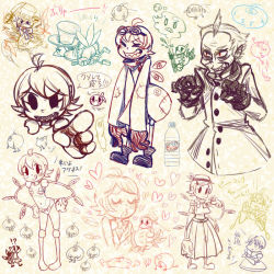 Rule 34 | !?, 2boys, 2girls, :p, ahoge, avery (skullgirls), bandages, black eyes, bottle, chibi, chibi inset, child, crossed arms, dr avian (skullgirls), dress, english text, closed eyes, formal, frown, george the bomb, gloves, goggles, grin, hands on own hips, hat, unworn hat, unworn headwear, heart, hive (skullgirls), kiss, knife, leduc (skullgirls), lenny the bomb, mechanical arms, multiple boys, multiple girls, name connection, navel, o3o, oversized clothes, panties, peacock (skullgirls), pun, red eyes, ribbon, rt-sy, sketch, skullgirls, sleeves past wrists, smile, spot color, tongue, tongue out, top hat, torn clothes, translation request, underwear, weapon