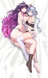 Rule 34 | 2girls, absurdres, ahoge, antenna hair, asymmetrical docking, asymmetrical legwear, barefoot, bed sheet, black choker, black panties, black thighhighs, blush, breast press, breasts, choker, crescent, crescent hair ornament, cross-laced clothes, cross-laced gloves, cross-laced slit, deep skin, earrings, elbow gloves, feet, fingerless gloves, frilled gloves, frills, from behind, gloves, grabbing, grabbing another&#039;s breast, gradient hair, grey hair, hair ornament, hair over one eye, heart, heart-shaped pupils, height difference, highres, indie virtual youtuber, jewelry, lace, lace choker, large breasts, legs, looking at viewer, lying, medium breasts, mole, mole under eye, multicolored hair, multiple girls, no shoes, nude, on side, paid reward available, panties, parted lips, pointy ears, purple eyes, purple hair, sata andaki, streaked hair, symbol-shaped pupils, takebi, thigh straddling, thighhighs, thong, toes, underwear, virtual youtuber, white gloves, white thighhighs, yorutsuki riyo