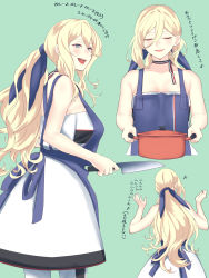 Rule 34 | 1girl, alternate costume, apron, aqua background, back, blonde hair, blue apron, blue eyes, blush, breasts, closed eyes, closed mouth, cooking, dress, hair between eyes, highres, holding, holding knife, kantai collection, kitchen knife, knife, large breasts, long hair, looking at viewer, mole, mole under eye, mole under mouth, multiple views, open mouth, pot, richelieu (kancolle), shingyou (alexander-13), sleeveless, sleeveless dress, smile, translation request, two-tone dress