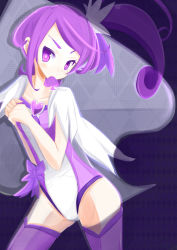 Rule 34 | 1girl, argyle, argyle background, argyle clothes, bow, brooch, cowboy shot, cure sword, curly hair, dokidoki! precure, dorasan, heart, heart brooch, highres, jewelry, kenzaki makoto, leotard, magical girl, mouth hold, ponytail, precure, purple background, purple bow, purple eyes, purple hair, purple theme, purple thighhighs, short hair, solo, spade, standing, thighhighs