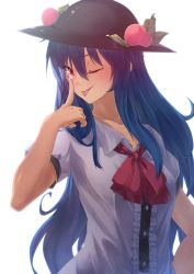 Rule 34 | 1girl, ;p, akanbe, backlighting, blue hair, blush, bow, breasts, collarbone, eyelid pull, food, fruit, hat, hinanawi tenshi, ibuki notsu, long hair, one eye closed, peach, red eyes, small breasts, solo, tongue, tongue out, touhou, upper body, white background