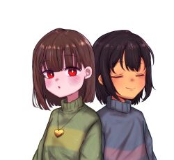 Rule 34 | 2others, :o, androgynous, arms at sides, black hair, blue sweater, blunt bangs, blush, bob cut, bright pupils, brown hair, chara (undertale), christian private white clover academy school uniform, closed eyes, closed mouth, commentary, eyelashes, facing viewer, frisk (undertale), gold necklace, heart, heart necklace, jewelry, looking at viewer, multiple others, necklace, pink sweater, raised eyebrow, red eyes, school uniform, short hair, side-by-side, simple background, single horizontal stripe, smile, sweater, tomato (suzuzunnda10), undertale, white background, white pupils, yellow sweater