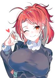 Rule 34 | 1girl, ahoge, alternate hairstyle, arm under breasts, black shirt, blush, breasts, earrings, fellatio gesture, heart, jewelry, large breasts, long hair, long sleeves, looking at viewer, magicami, ohtori aka, one eye closed, ponytail, red eyes, red hair, saidasai, shirt, smile, sweater, white sweater, wink