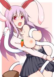 Rule 34 | 1girl, animal ears, bad id, bad pixiv id, black skirt, blush, breasts, breasts out, collarbone, cowboy shot, jajao, kune-kune, light purple hair, long hair, looking at viewer, medium breasts, nipples, no panties, off shoulder, open clothes, open mouth, open shirt, pink eyes, rabbit ears, rabbit girl, rabbit tail, reisen udongein inaba, shirt, skirt, tail, touhou, very long hair, white shirt