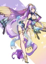 Rule 34 | 1girl, absurdly long hair, armlet, bad id, bad twitter id, bent over, black bra, bra, breasts, bug, butterfly, cleavage, floating hair, hand fan, hand on lap, high heels, highres, holding, holding fan, insect, leg up, long hair, looking at viewer, macross, macross delta, medium breasts, midriff, mikumo guynemer, multicolored hair, navel, parted lips, pumps, purple hair, red eyes, sash, shimatani azu, smile, solo, standing, standing on one leg, stomach, streaked hair, underwear, very long hair, white background