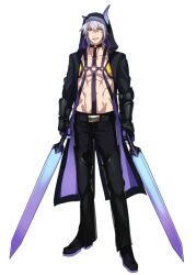Rule 34 | 1boy, archived source, black choker, black jacket, black pants, chandelure, choker, creatures (company), dual wielding, full body, game freak, gen 5 pokemon, holding, holding sword, holding weapon, hood, hood up, hooded jacket, jacket, katagiri hachigou, male focus, nintendo, o-ring, o-ring choker, open clothes, open jacket, open mouth, pants, personification, pokemon, short hair, simple background, smile, solo, sword, weapon, white background, white hair, yellow eyes