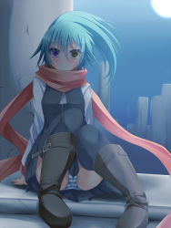 Rule 34 | 1girl, blue hair, boots, heterochromia, highres, original, panties, pantyshot, ponytail, rebecca arcane, scarf, sitting, solo, striped clothes, striped panties, suterii, thighhighs, underwear