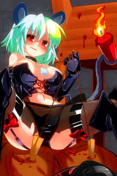 Rule 34 | 1girl, animal ears, bdsm, black bra, black gloves, black panties, bra, candle, dominatrix, elbow gloves, fang, female focus, femdom, garter belt, garter straps, gin (shioyude), gloves, green hair, grin, highres, jewelry, lace, lace-trimmed legwear, lace trim, latex, latex bra, latex gloves, latex panties, lingerie, md5 mismatch, midriff, mouse ears, mouse tail, nazrin, necklace, nipple clamps, nipples, panties, pendant, red eyes, smile, solo, tail, thighhighs, touhou, underwear, wax, wooden horse