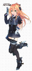 Rule 34 | 1girl, absurdres, ankle boots, black thighhighs, boots, buttons, cardigan, collarbone, finger on trigger, fingerless gloves, full body, garter straps, gloves, green eyes, gun, hair between eyes, hair ornament, handgun, highres, hmcs athabaskan (g07), holding, holding gun, holding weapon, knee pads, leg up, long hair, long sleeves, looking at viewer, myuto (advent retribution), open mouth, orange hair, original, outstretched arm, personification, ponytail, propeller, rigging, royal canadian navy, sailor collar, solo, steel-toe boots, thighhighs, transparent background, weapon