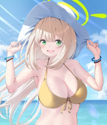 Rule 34 | 1girl, bananafish1111, bare shoulders, bikini, blonde hair, blue archive, blush, bracelet, breasts, cleavage, cloud, day, green eyes, halterneck, hand on headwear, hands up, hat, highres, horizon, jewelry, large breasts, long hair, looking at viewer, nonomi (blue archive), nonomi (swimsuit) (blue archive), ocean, open mouth, outdoors, smile, standing, sun hat, sunlight, swimsuit, upper body, water, white hat, yellow bikini