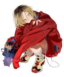 Rule 34 | 1boy, atie1225, bag, blonde hair, calf socks, cat, chinese commentary, game console, gen 1 pokemon, gengar, haikyuu!!, headphones, headphones around neck, headphones removed, highres, jacket, charm (object), kozume kenma, looking to the side, male focus, multicolored hair, nintendo switch, oversized clothes, phone, pokemon, reebok, reebok pump, shoes, sketch, sleeves past fingers, sleeves past wrists, sneakers, socks, solo, squatting, two-tone hair, white background, yellow eyes