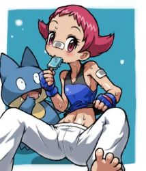 Rule 34 | 00s, 1girl, bandages, bandaid, barefoot, bodysuit, creatures (company), eye contact, feet, flat chest, food, game freak, gen 4 pokemon, gloves, gym leader, hun (uyonis), ice cream, jpeg artifacts, looking at another, lowres, maylene (pokemon), midriff, munchlax, narrow waist, nintendo, pink eyes, pink hair, pokemon, pokemon (creature), pokemon dppt, short hair, soles, spread legs, spread toes, sweat, toes