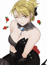 Rule 34 | 1girl, alternate costume, bare shoulders, black dress, black gloves, blonde hair, breasts, brown eyes, cleavage, detached collar, dress, elbow gloves, flower, fullmetal alchemist, gem, gloves, hair between eyes, hair up, highres, large breasts, looking at viewer, one eye closed, ozaki (tsukiko3), red flower, red rose, riza hawkeye, rose, smile, solo, strapless, strapless dress, upper body, v arms, white background