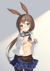 Rule 34 | 1girl, absurdres, aliter, amiya (arknights), animal ears, arknights, black pantyhose, blue skirt, blush, breasts, brown hair, closed mouth, clothes pull, collarbone, crotch seam, female focus, green eyes, grey background, hair between eyes, highres, long hair, long sleeves, medium breasts, miniskirt, navel, nipples, no bra, open clothes, open shirt, panties, panties under pantyhose, pantyhose, plaid, plaid skirt, rabbit ears, shirt, simple background, sketch, skirt, skirt pull, solo, standing, stomach, thighband pantyhose, underwear, undressing, very long hair, white panties, white shirt