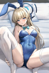 Rule 34 | 1girl, animal ears, blonde hair, blue archive, blue eyes, blue leotard, bow, bowtie, breasts, commentary request, detached collar, fake animal ears, halo, highres, koyuki (kotatsu358), leotard, long hair, looking at viewer, lying, medium breasts, official alternate costume, on back, paid reward available, parted lips, playboy bunny, rabbit ears, solo, strapless, strapless leotard, thighhighs, thighs, toki (blue archive), toki (bunny) (blue archive), very long hair, white thighhighs