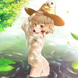 Rule 34 | 1girl, ass, blonde hair, bobomaster, bottomless, brown eyes, hat, lily pad, moriya suwako, partially submerged, petite, see-through, short hair, solo, standing, touhou, wading, water, wet, wet clothes