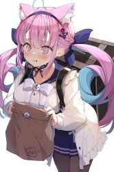 Rule 34 | 1girl, @ @, absurdres, backpack, bag, black pantyhose, blue bow, blue hair, blue sailor collar, blue skirt, blush, bow, breasts, brown pantyhose, collarbone, colored inner hair, commentary request, darjeeling (reley), frilled sailor collar, frills, highres, holding, holding bag, hololive, large breasts, long hair, minato aqua, minato aqua (sailor), multicolored hair, open mouth, pantyhose, pink eyes, pink hair, pleated skirt, sailor collar, shirt, skirt, solo, sweat, twintails, very long hair, virtual youtuber, white shirt