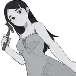 Rule 34 | 1girl, arm up, closed mouth, dress, from below, greyscale, hair ornament, hairclip, hammer, holding, holding hammer, long hair, looking at viewer, looking down, mizuki hamasaki, monochrome, pink nails, smile, solo, standing, world of horror, xqxbi
