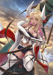 Rule 34 | 1girl, bare shoulders, belt, blonde hair, blue shorts, blue sky, blush, breasts, cleavage, cloud, collarbone, cuboon, dark-skinned female, dark skin, draph, elbow gloves, fur-trimmed jacket, fur trim, gloves, granblue fantasy, horns, jacket, jewelry, kumbhira (granblue fantasy), large breasts, long hair, looking at viewer, multicolored hair, multicolored sky, navel, necklace, off shoulder, open mouth, orange sky, pink hair, pointy ears, sandals, short shorts, shorts, sidelocks, sky, smile, solo, thighhighs, twitter username, underwear, white jacket, wide sleeves