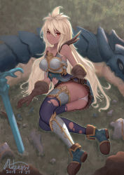 Rule 34 | 1girl, abeen jhong, ahoge, armor, armored dress, ass, boots, breastplate, broken armor, brown gloves, clothes lift, collarbone, commentary request, dark-skinned female, dark skin, dated, dragon, dress, dress lift, gloves, granblue fantasy, hair between eyes, highres, lifted by self, long hair, lying, panties, pantyshot, red eyes, short dress, signature, silver hair, skirt, skirt lift, solo, sword, thighhighs, torn clothes, torn dress, torn thighhighs, underwear, weapon, white panties, zooey (granblue fantasy)